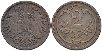 АВСТРИЯ 2 ГЕЛЛЕРА 1905 ФРАНЦ ИОСИФ (1846-1918) KM 2801 бронза 201-955