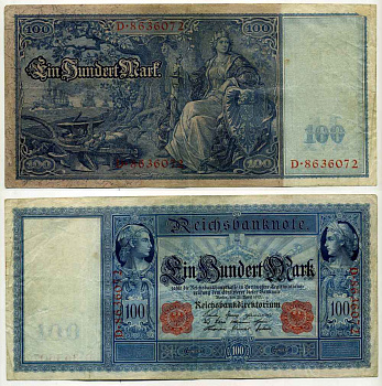 ГЕРМАНИЯ 100 МАРОК 1910 21 АПРЕЛЯ 1910, КРАСНАЯ СЕРИЯ Pick 42 бумага 8589-2-1-2