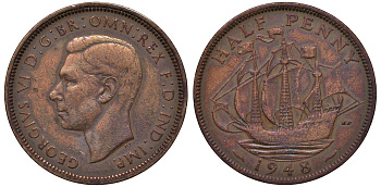 Великобритания 1/2 пенни 1948 Георг VI (1936-1952) KM 844, Spink 4115 бронза 4122-813