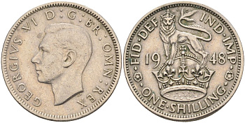 Великобритания 1 шиллинг 1948 Георг VI (1936-1952), Английский герб KM 863, Spink 4103 медно-никель 4126-441