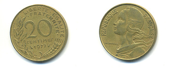 ФРАНЦИЯ 20 САНТИМОВ 1977 ТИП MARIANNE KM 930, LE FRANC 156.17 алюминиевая бронза 176-1056