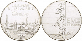 Финляндия 10 марок 1971 S-H, X Чемпионат Европы по легкой атлетике KM 52 серебро UNC 1515-1342