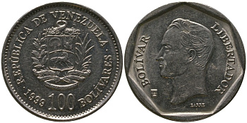 Венесуэла 100 боливаров 1999 KM 78.2, Schon 88 сталь плакированная никелем 4529-425