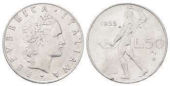 Италия 50 лир 1955 R, бог огня Вулкан у наковальни KM 95.1 нержавеющая сталь 3336-751