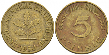 ФРГ 5 ПФЕННИГОВ 1950 D KM 107, J.382 сталь плакированная латунью 112-935