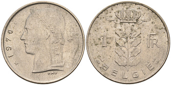 БЕЛЬГИЯ 1 ФРАНК 1970 BELGIE KM 143.1 медно-никель 4563-117