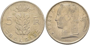 БЕЛЬГИЯ 5 ФРАНКОВ 1966 BELGIE, БОДУЭН I (1951-1993) KM 135.1 медно-никель 119-813