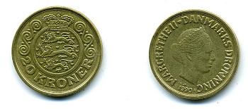 ДАНИЯ 20 КРОН 1990 МАРГАРЕТ II KM 871 алюминиевая бронза 41-1241
