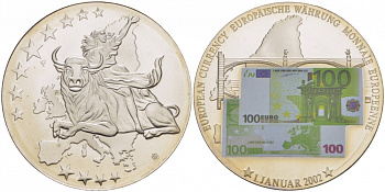 НИДЕРЛАНДЫ МЕДАЛЬ 2002 ПОХИЩЕНИЕ ЕВРОПЫ, КУПЮРА 100 ЕВРО, СЕРЕБРЕНИЕ, ЦВЕТНАЯ ЭМАЛЬ, ДИАМЕТР 40 ММ. ВЕС 27,92 ГР. медно-никель PROOF 1082-8-43