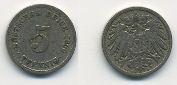 ГЕРМАНИЯ 5 ПФЕННИГОВ 1900 A, KM 11, J. 12 медно-никель 54-736