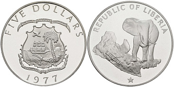 Либерия 5 долларов 1977 слон на фоне карты KM 29 серебро PROOF 11-320-22