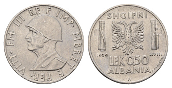 Албания 0,5 лек 1939 год-тип, не магнетик KM 30a нержавеющая сталь 1515-2314