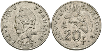 Французская Новая Каледония 20 франков 1977 три быка, (IEOM) KM 12, Schoen 14, Lec 107 никель 4680-346