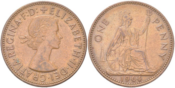 Великобритания 1 пенни 1964 Елизавета II (1952-2022) KM 897, Spink 4157 бронза 4165-1122