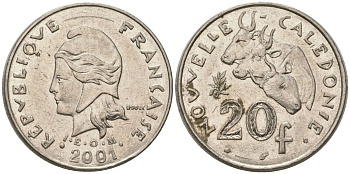 Французская Новая Каледония 20 франков 2001 три быка, (IEOM) KM 12, Schoen 14, Lec 115e никель 4131-526