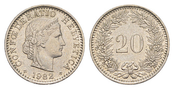Швейцария 20 раппенов 1982 KM 29a медно-никель 4623-249