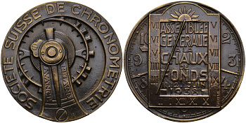 Швейцария медаль 1938 Medaille Assemblée Generale SOCIETE SUISSE DE CHRONOMETRIE 1938, Швейцарское хронометрическое общество, диаметр 49 мм. бронза 00-817-31