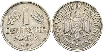 ФРГ 1 марка 1950 G KM 110, J. 385 медно-никель 4132-1027