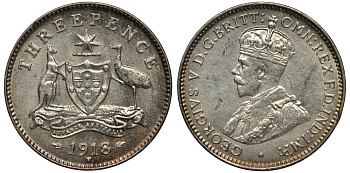 Австралия 3 пенса 1918 M, Георг V (1910-1936) KM 24 серебро aUNC 272-434