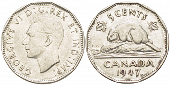 Канада 5 центов 1947 бобр Maple leaf, Георг VI (1936-1952) KM 39a никель 4539-752