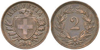 Швейцария 2 раппена 1914 B KM 4 бронза 4189-251