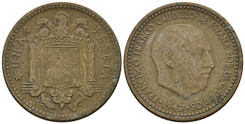 Испания 1 песета 1947 (48) Франциско Франко (1939-1975) KM 775 алюминиевая бронза 259-354