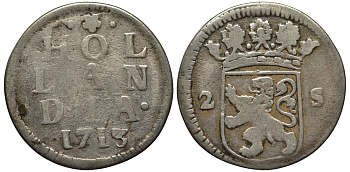Нидерланды, Голландия 2 стювер (стейвер) 1713 KM 48 серебро 443-432