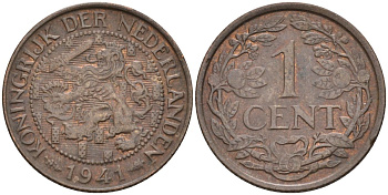 Нидерланды 1 цент 1941 Вильгельмина (1890-1948) KM 152 бронза 4592-851