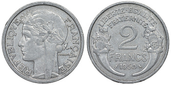 Франция 2 франка 1959 KM 886а.1, Le Franc 269.19 алюминий 4123-414