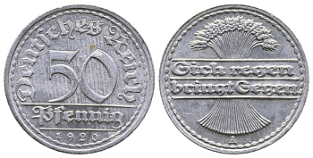 ГЕРМАНИЯ 50 ПФЕННИГОВ 1920 А KM 27, J. 301 алюминий 4380-543
