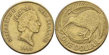 Новая Зеландия 1 доллар 1990 Елизавета II (1952-2022), птица киви KM 78 алюминиевая бронза 29-413