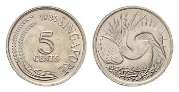 Сингапур 5 центов 1980 большая белая цапля KM 2 медно-никель UNC 4625-1061