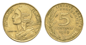 Франция 5 сантимов 1969 тип Morlon KM 933, Le Franc 125.5 алюминиевая бронза 4630-323