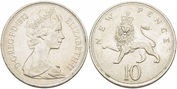 Великобритания 10 пенсов 1973 Елизавета II (1952-2022) KM 912, Spink 4231 (F1) медно-никель  215-416