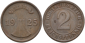 Германия 2 рейхспфеннига 1925 А KM 38 J. 314 бронза    4152-1156