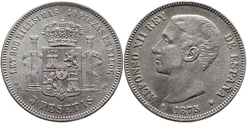 ИСПАНИЯ 5 ПЕСЕТ 1875 (75) DE-M, АЛЬФОНСО XII KM 671 серебро 00-00
