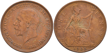Великобритания 1 пенни 1935 Георг V (1910-1936) КМ 838, Spink 4055 бронза 4593-223