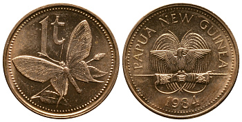 Папуа-Новая Гвинея 1 тойя 1984 бабочка KM 1 бронза UNC 261-514