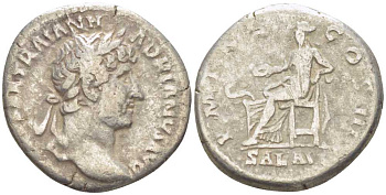 Римская Империя денарий 119 - 122 Адриан, IMP CAESAR TRAIAN HADRIANVS AVG / P M TR P COS III SAL AVG, Рим, fine RIC 137 b серебро 1073-6-86