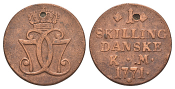 Дания 1 скиллинг 1771 Кристиан VII (1766-1808), год-тип KM 616 медь 4657-522