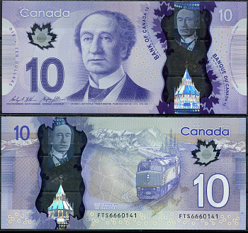 Канада 10 долларов 2013 Джон Александер Макдональд, трансконтинентальный пассажирский поезд из Монреаля в Ванкувер Pick 107 с полимер UNC (пресс) 2197-48-1-1