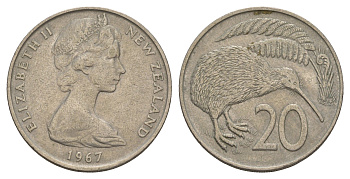 Новая Зеландия 20 центов 1967 Елизавета II (1952-2022), птичка киви KM 36.1 медно-никель 4653-244