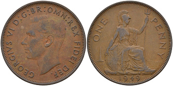 Великобритания 1 пенни 1949 Георг VI (1936-1952) KM 869, Spink 4117 бронза 4144-923