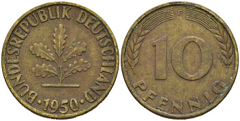ФРГ 10 ПФЕННИГОВ 1950 F KM 103, J. 378 сталь плакированная латунью 4514-1154