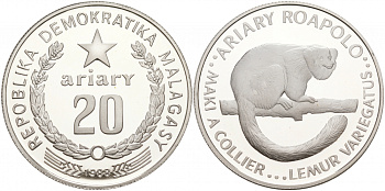 Мадагаскар 20 ариари 1988 серия 25 лет защиты окружающей среды KM 15 серебро PROOF 11-036-11