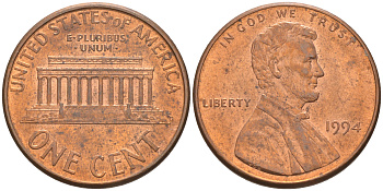 США 1 ЦЕНТ 1994 ЛИНКОЛЬН KM 201b цинк плакированный медью 188-246