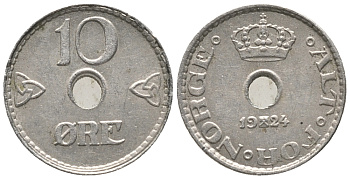 НОРВЕГИЯ 10 ЭРЕ 1924 ХОКОН VII (1905-1957) KM 383 медно-никель 100-1165