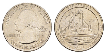 США 25 центов (квотер, 1/4 доллара) 2011 P, Квотеры «Парки США» - Национальный парк Виксбург KM 497 медь плакированная медно-никелем UNC 4638-423