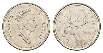 Канада 25 центов 2001 Елизавета II (1952-2022), олень KM 184b сталь плакированная никелем 4631-657