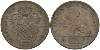 Бельгия 2 сантима 1876 Belges, Леопольд II (1865-1909) KM 35 медь 4621-645